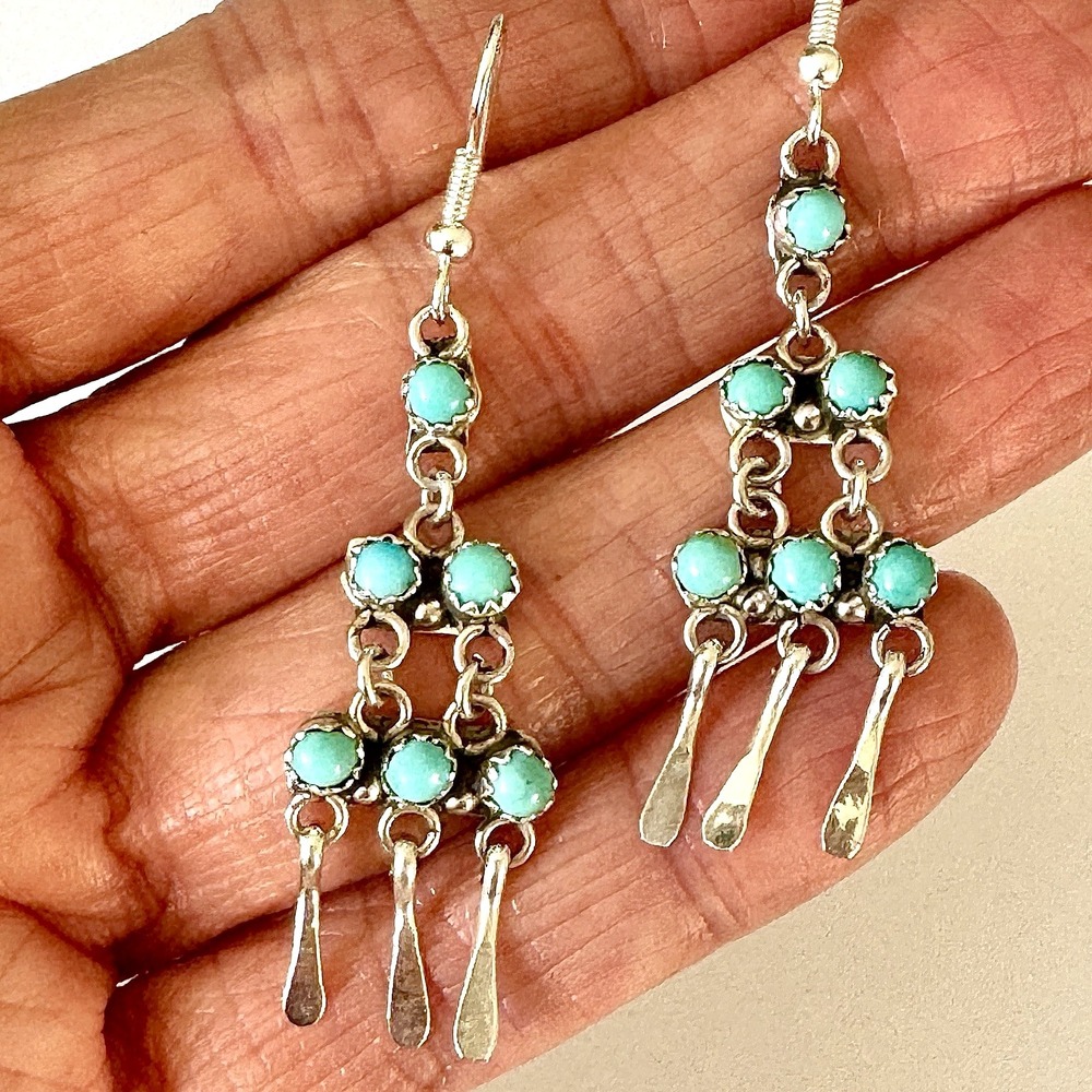 Navajo Earrings Turquoise 925 Sterling Sleeping Beauty 2.25in Fringe Snake Eye